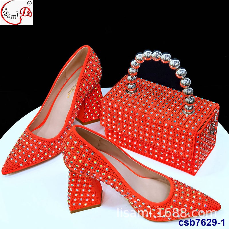 High-Heeled Check Small Flash Diamond Overshoes With Box-Shaped Hand Bag Suit Shoes And Bag Set - Image 4